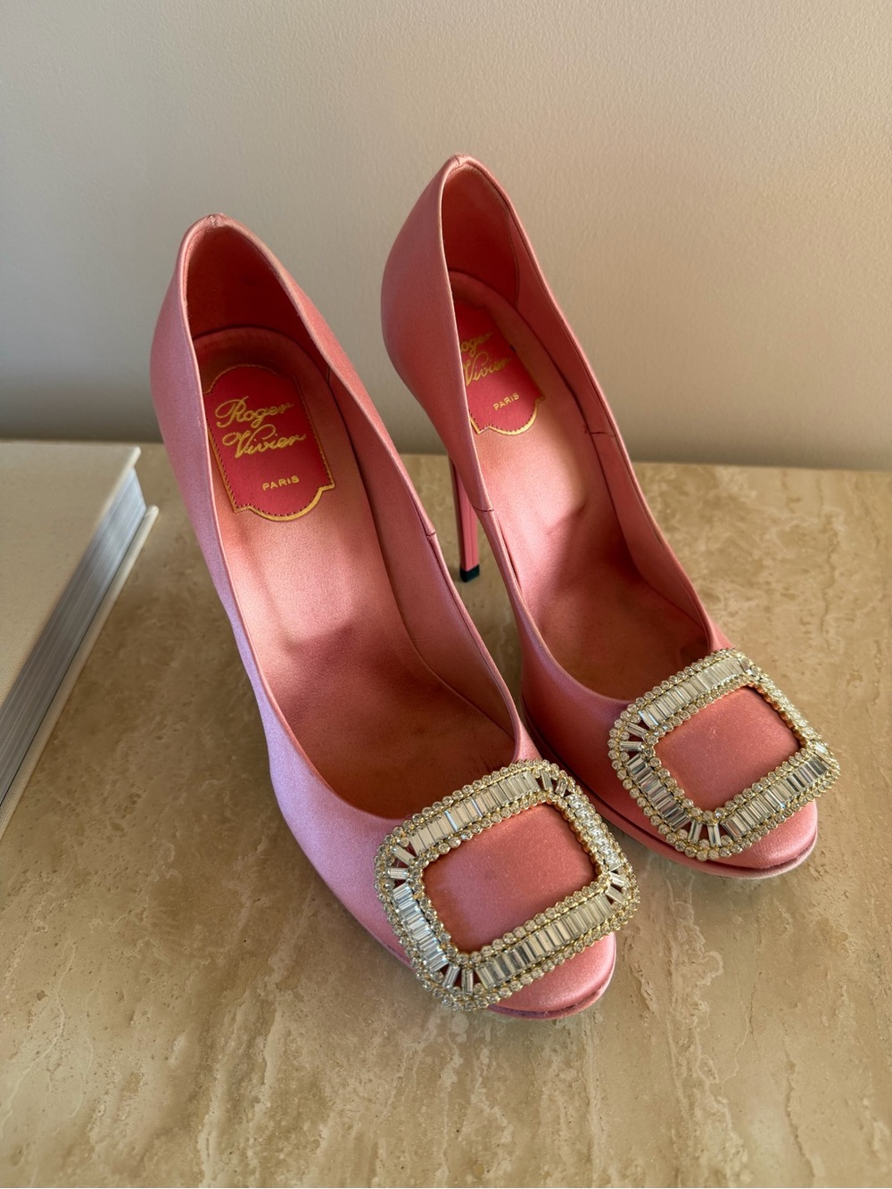 Roger Vivier Pink Satin Trompette Platform Pumps with Iconic Crystal Buckle 38.5